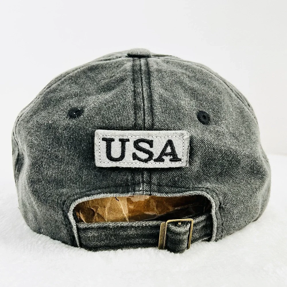 USA Stars and Stripes Flag Patch Distressed Hat Cap Adjustable Gray Outdoors